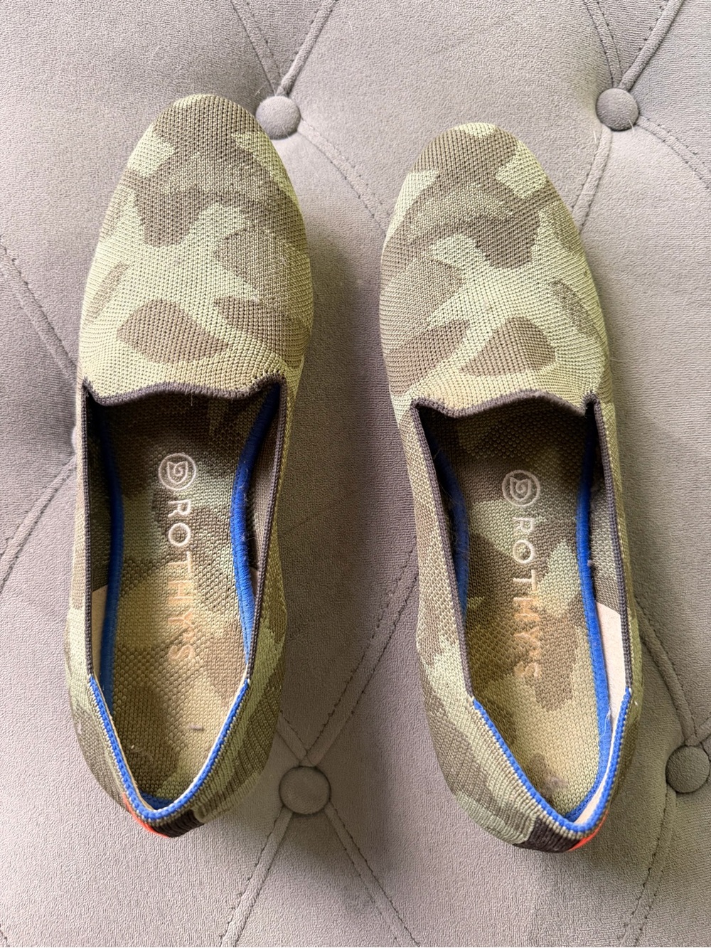 Rothy's Camo Blue Halo Knit Slip-On Flats - Olive & Tan